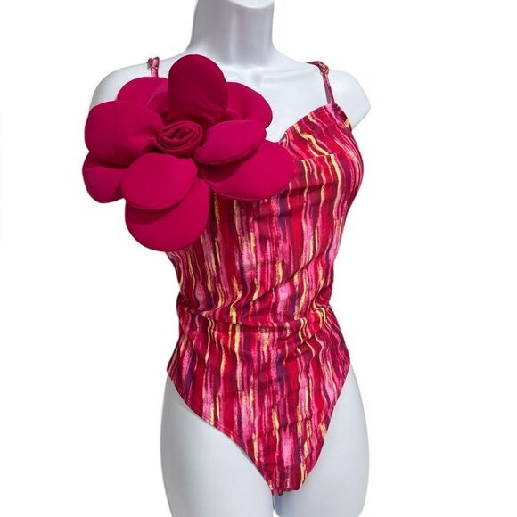 no brand Other - Pink and Yellow One Piece Swimsuit with Textured Halter Top NWOT